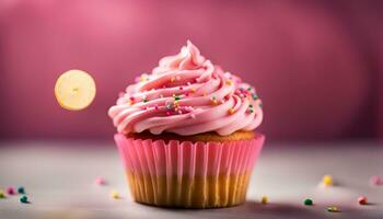 ai gegenereerd een koekje met roze suikerglazuur en hagelslag Aan het foto