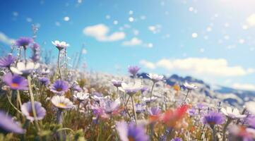 ai gegenereerd wild bloemen in een veld- foto