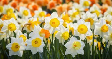 ai gegenereerd geel en wit narcissen in de voorjaar achtergrond foto