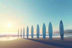 ai gegenereerd surfplanken bekleed omhoog in voorkant van een blauw rots foto
