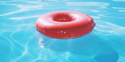 ai gegenereerd rood opblaasbaar zwemmen ring drijvend in een blauw zwembad foto