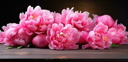 ai gegenereerd pioen bloeien roze bloemen Aan een donker tafel met bokeh achtergrond foto