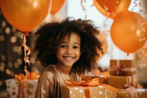 ai gegenereerd kinderen' verjaardag partij met ballonnen, cadeaus en ballon vlaggedoek foto