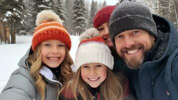 ai gegenereerd gelukkig familie creëren een sneeuwman, hoeden, sjaals, en winter vreugdevol herinneringen foto