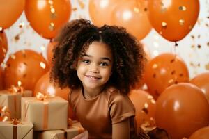 ai gegenereerd kinderen' verjaardag partij met ballonnen, cadeaus en ballon vlaggedoek foto