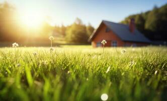 ai gegenereerd beeld van een veld- van groen gras met een klein huis in de achtergrond foto