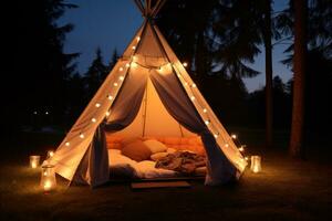 ai gegenereerd schattig Tipi tent in de 's nachts foto