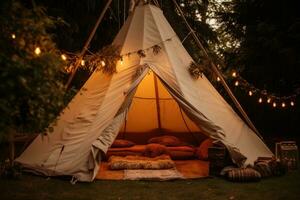 ai gegenereerd een tipi tent zittend Aan gras gevulde met boom takken foto