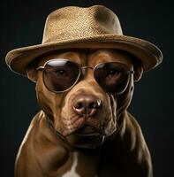 ai gegenereerd een pit stier hond vervelend zonnebril met een hoed foto