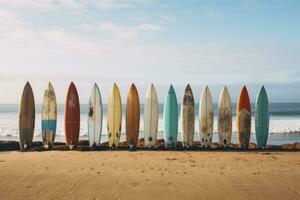 ai gegenereerd een rij van surfplanken Bij de strand foto