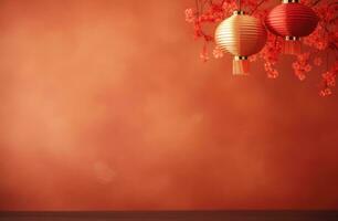 ai gegenereerd een Chinese lantaarn hangende in rood licht foto