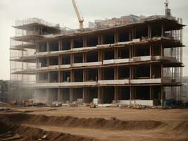 ai gegenereerd industrieel gebouw bouw. kantoor bouw werkwijze met stellingen foto