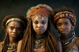 ai gegenereerd wild stammen. drie Afrikaanse mensen portret. Dames van wild Afrikaanse stammen in tribal traditioneel kleren, dreadlocks en oorlog verf. douane, rituelen, manier van leven van wild inboorlingen. foto