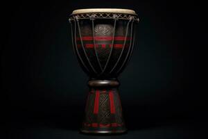 ai gegenereerd Darbuka trommel Aan zwart achtergrond. traditioneel percussie musical instrument van Arabisch cultuur. ideaal voor musical ontwerp, artikel, blog, sociaal media na, album omslag, poster. foto