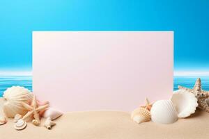 ai gegenereerd zomer tijd concept met blanco papier Aan gekleurde achtergrond. schelpen, zeesterren, strand zand. generatief ai foto