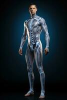 ai gegenereerd illustratie van Mens skelet anatomie Aan donker achtergrond. skelet- systeem. menselijk lichaam bot structuur. ideaal voor studieboeken, medisch presentaties, leerzaam inhoud, medisch brochures foto