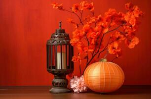 ai gegenereerd Chinese lantaarn Aan een houten tafel met oranje backdrop foto