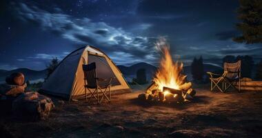 ai gegenereerd een tent en een kampvuur onder een starlit lucht creëren een magisch camping ervaring foto