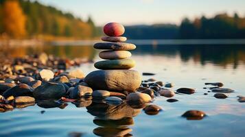 ai gegenereerd steen steenhoop reeks Aan de Rechtsaf kant tegen een zee vervagen achtergrond, een toren van stenen, gemakkelijk evenwicht stenen eenvoud, harmonie, en evenwicht, een sereen rots zen tafereel, kust- meditatie foto