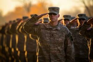 ai gegenereerd leger soldaat en leger soldaten, Amerikaans soldaten staand in vorming en groetend, ai gegenereerd foto