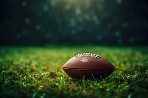 ai gegenereerd groen gras met Amerikaans voetbal Aan de achtergrond van de stadion, Amerikaans vlag en touw Aan schat kaart Aan de tafel voor colombus dag, ai gegenereerd foto