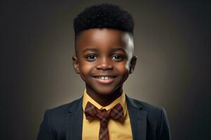 ai gegenereerd portret van glimlachen jongen, afrojongen over 8 jaren oud lachend, professioneel studio fotografie, ai gegenereerd foto