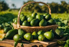 ai gegenereerd romig oogst een mand van vers avocado's foto