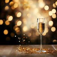 ai gegenereerd Kerstmis achtergrond met een glas van sprankelend wijn en gouden klatergoud Aan de achtergrond van bokeh lichten. foto