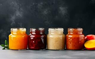 ai gegenereerd mango en munt. Open potten met een verscheidenheid van jam en Bewaren met stukken van fruit. potten met verschillend jam en abrikozen Aan tafel tegen donker achtergrond. foto