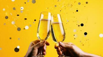 ai gegenereerd detailopname van twee handen gerinkel Champagne bril tegen levendig geel achtergrond met confetti. bijgesneden visie van paar gerinkel bril met Champagne Aan geel achtergrond. foto