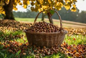 ai gegenereerd hazelnoot harmonie een mand van herfst genot foto