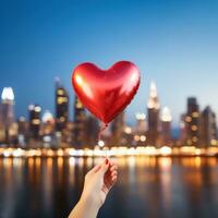 ai gegenereerd hand- Holding hartvormig ballon tegen wazig stad lichten foto