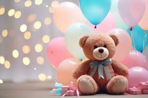 ai gegenereerd roze teddy beer zittend met ballonnen foto