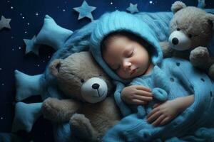 ai gegenereerd een baby is slapen in zijn blauw deken met bears foto