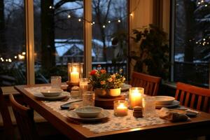 ai gegenereerd knus winter diner, stomen borden, en een tafel gevulde met vakantie warmte foto