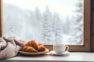 ai gegenereerd knus weekend gevoel met stomen koffie, croissants, en een besneeuwd venster backdrop foto