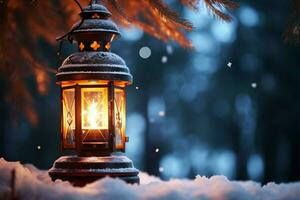 ai gegenereerd brandend gloeiend lantaarn in winter sneeuw mooi winter achtergrond ai gegenereerd foto