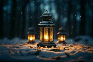 ai gegenereerd brandend gloeiend lantaarn in winter sneeuw mooi winter achtergrond ai gegenereerd foto