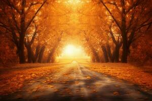 ai gegenereerd herfst Woud met land weg Bij zonsondergang kleurrijk landschap met bomen landelijk weg foto