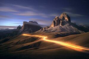 ai gegenereerd licht trails van auto over- de nacht berg foto