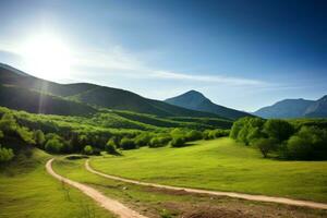 ai gegenereerd aarde weg lood naar groen berg foto