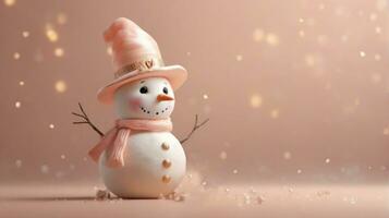 ai gegenereerd horizontaal banier, schattig sneeuwman in een Kerstmis hoed, Kerstmis decoraties, perzik dons, modieus schaduw, pantone kleur van de jaar foto