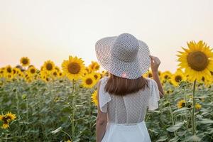 jonge mooie vrouw die hoed draagt die zich tussen zonnebloemen in zonsondergang bevindt foto