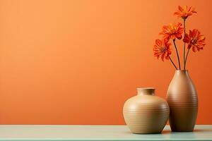 ai gegenereerd minimalisme foto twee modern keramisch vazen met oranje bloemen Aan een tafel met kopiëren ruimte Aan oranje achtergrond