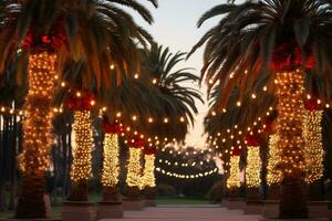 ai gegenereerd steeg met palm bomen versierd met Kerstmis slingers foto