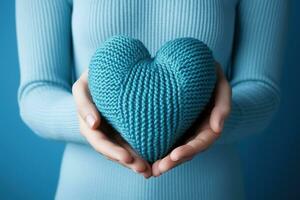 ai gegenereerd vrouw handen Holding een blauw gebreid hart foto