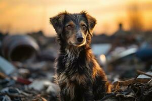 ai gegenereerd verdrietig dakloos hond Bij een vuilnis dump foto