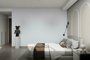 de slaapkamer interieur is helder, met muren geschilderd in tinten van wit, grijs, en room. foto