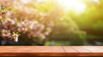 ai gegenereerd de leeg houten bruin tafel top met bomen in bloeiend en onscherp zonnig tuin in achtergrond foto