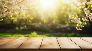 ai gegenereerd de leeg houten bruin tafel top met bomen in bloeiend en onscherp zonnig tuin in achtergrond foto